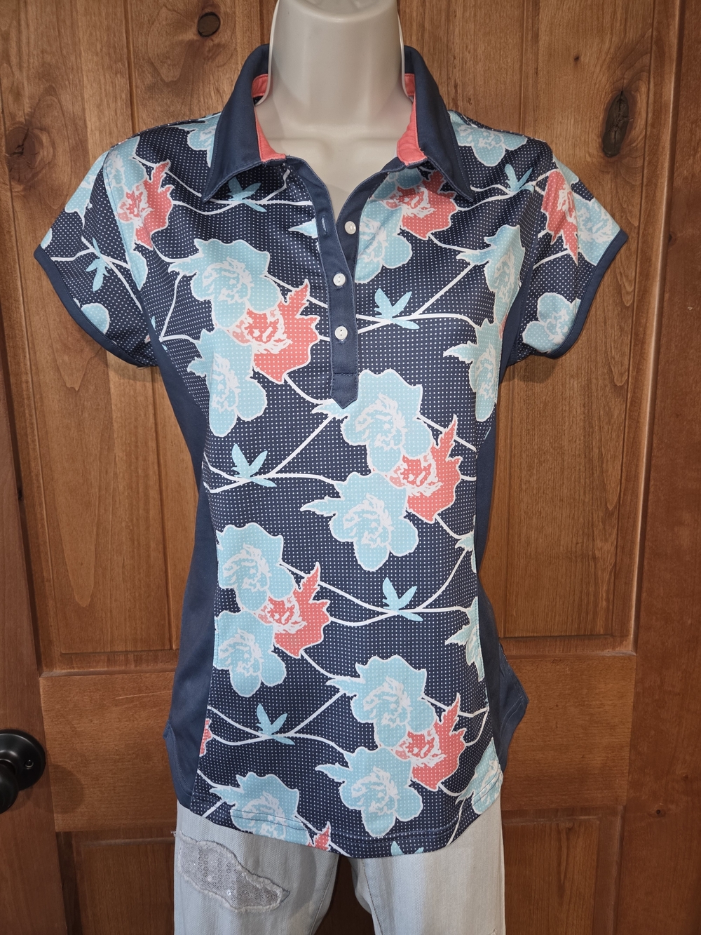Pebble Beach Navy Floral Polo/Tennis/Golf Casual Shirt - Blue & Coral